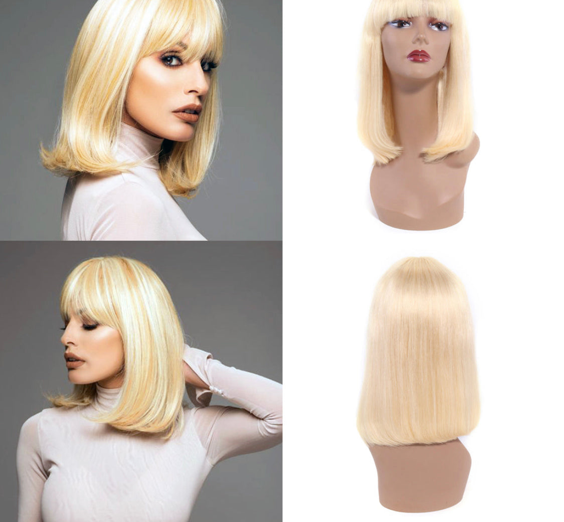 (Jlxr)613 Bob Wig with Bangs Glueless 150% Density Brazilian Human Hair None Lace Machine Made Blonde Straight Wigs