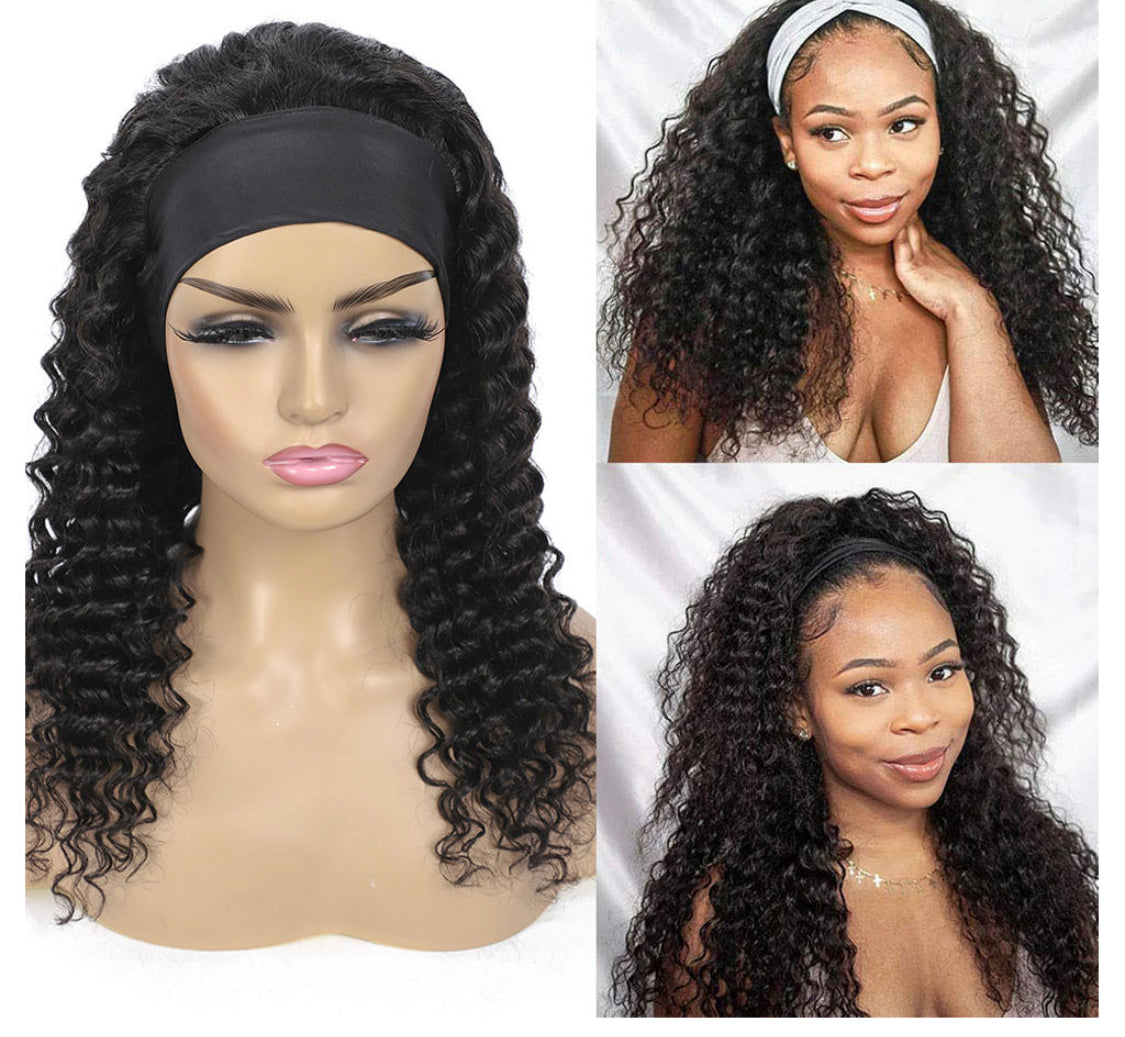 (Jlxr)Headband Wig Brazilian Hair Deep Wave None Lace Glueless Human Hair Wigs