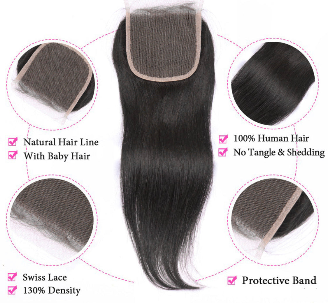 (Jlxr)Straight Hair 3 Bundles With Closure Virgin Human Hair 4*4 Swiss Lace Brazilian Hair