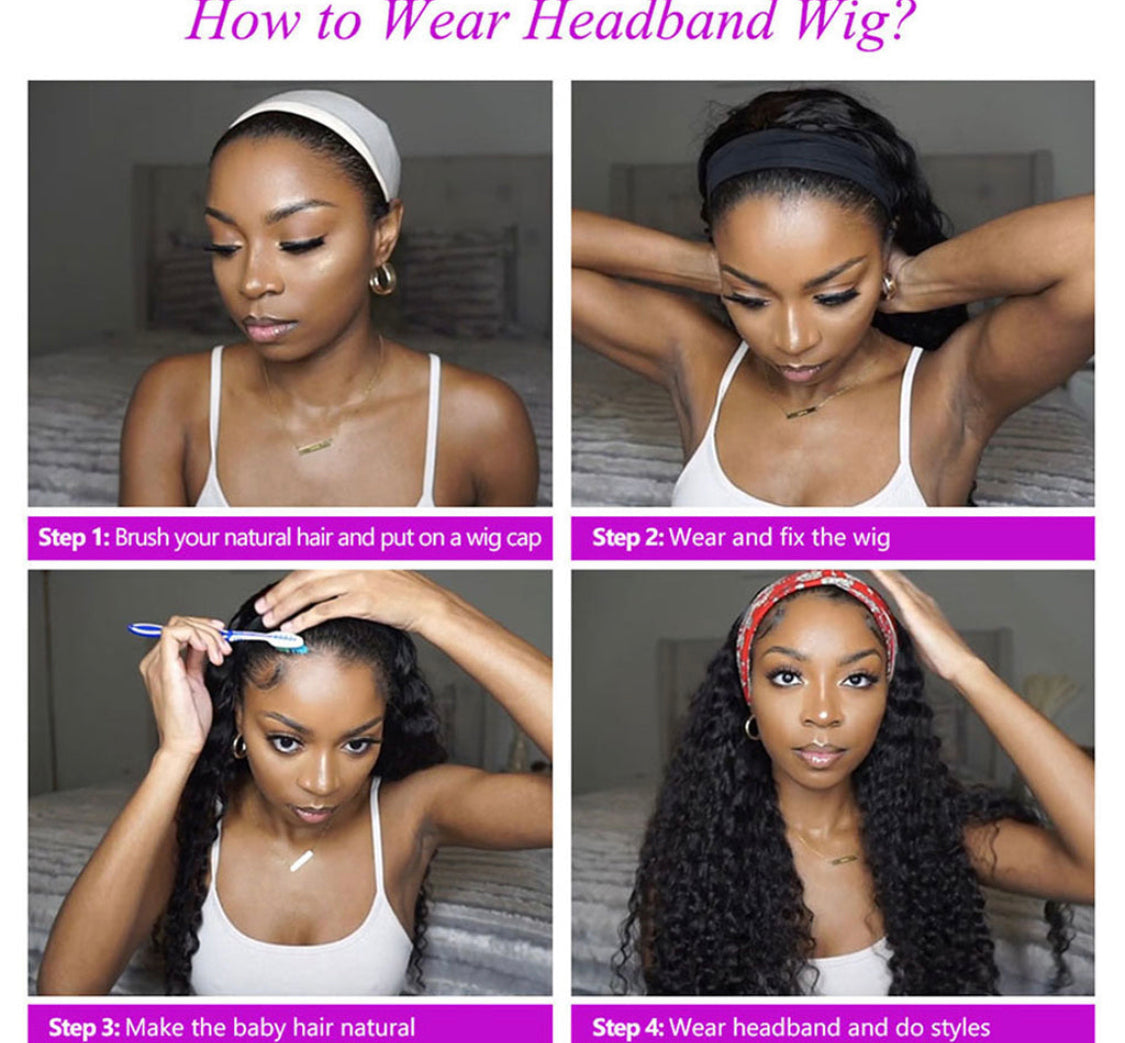 (Jlxr)Headband Wig Brazilian Hair Deep Wave None Lace Glueless Human Hair Wigs