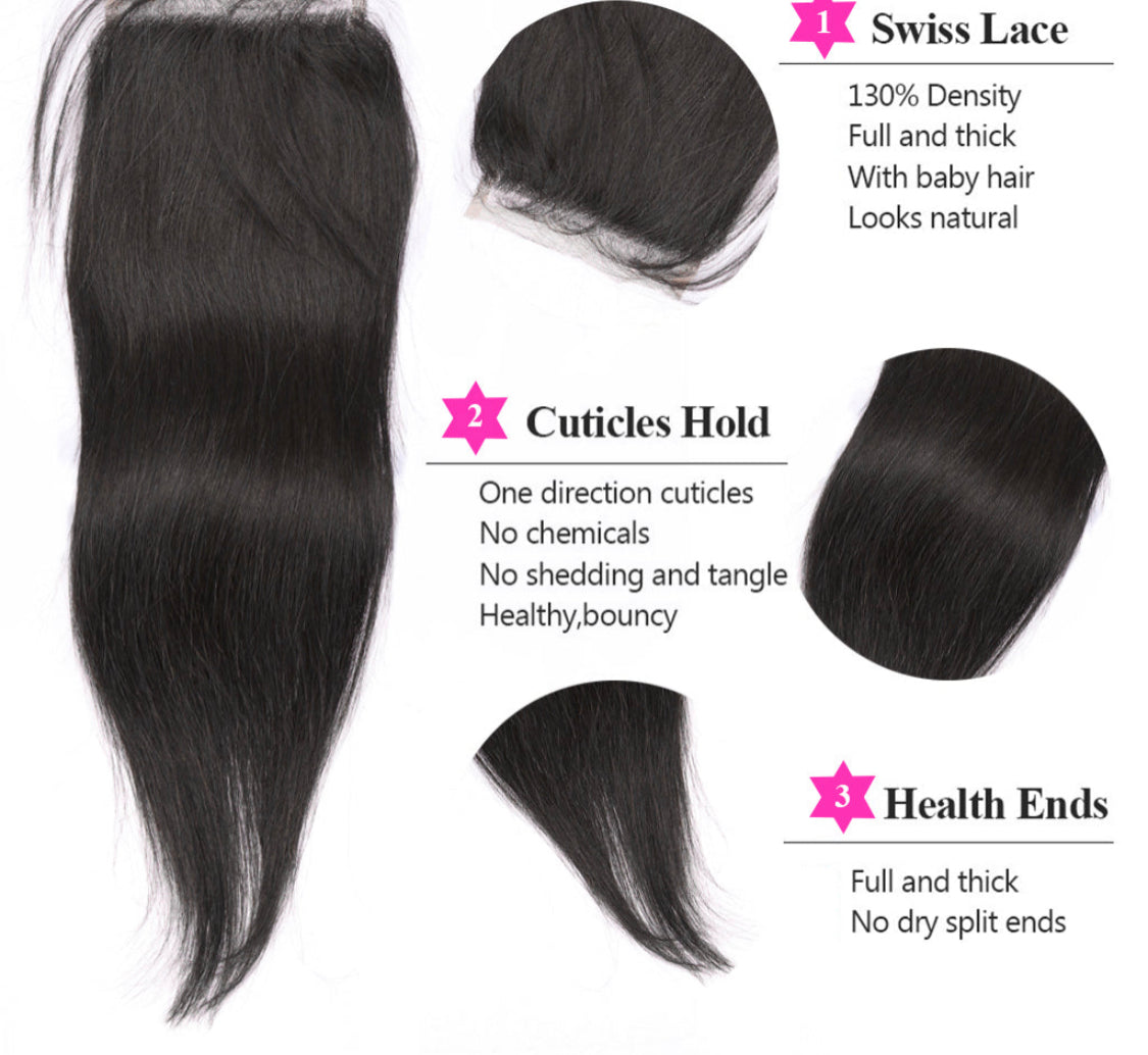 (Jlxr)Straight Hair 3 Bundles With Closure Virgin Human Hair 4*4 Swiss Lace Brazilian Hair