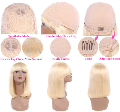 (Jlxr)613 Bob Wig with Bangs Glueless 150% Density Brazilian Human Hair None Lace Machine Made Blonde Straight Wigs